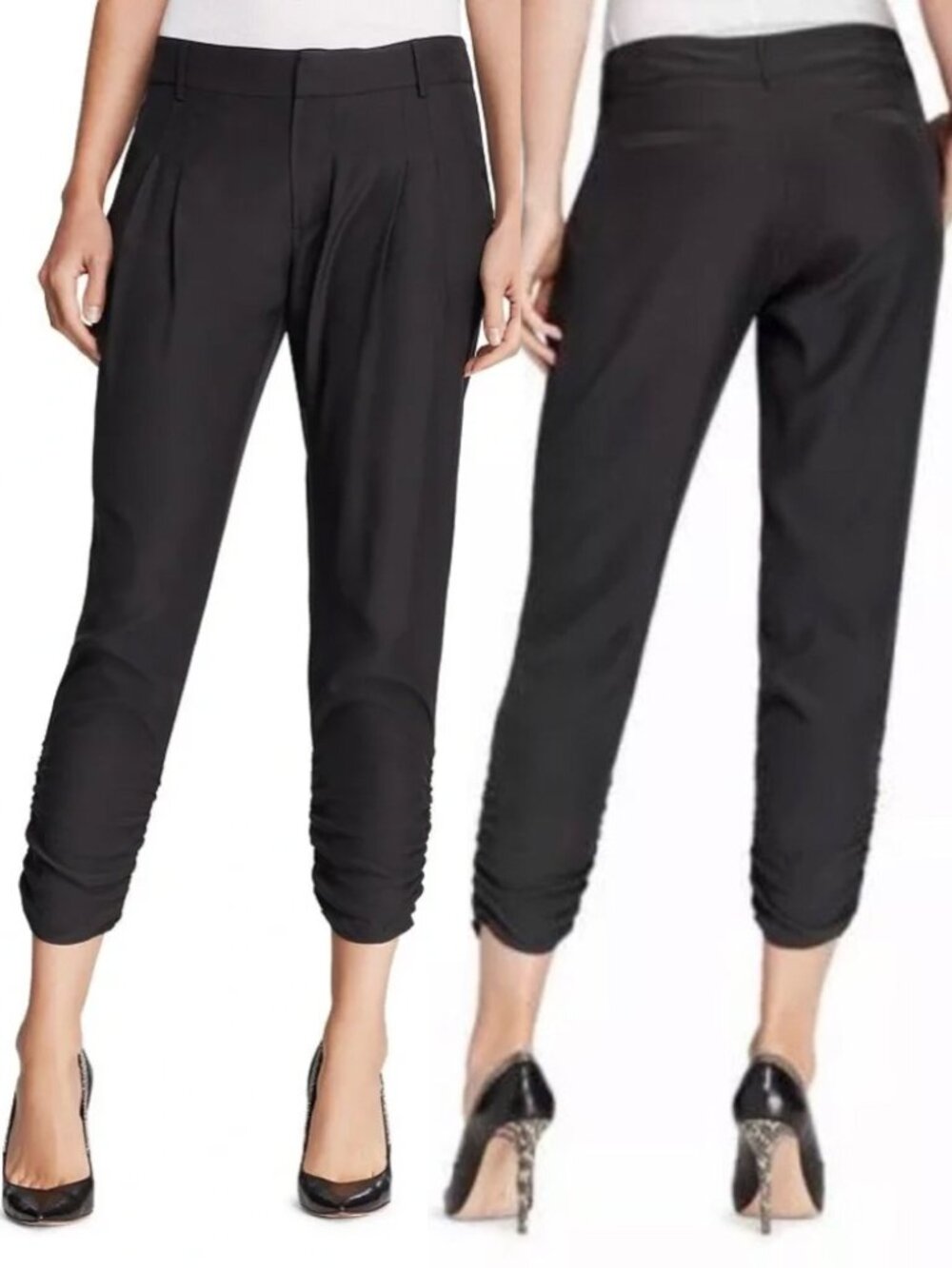 PARKER Devlin 100% Silk Pants Ruched Hem Cropped Black Size 2 Pleated Front $242